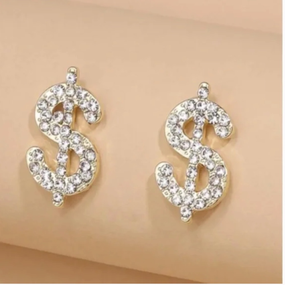 ❤️ FREE Money Dollar Sign Boho Peasant Hipster Rhinestone Rich Stud Art Earrings